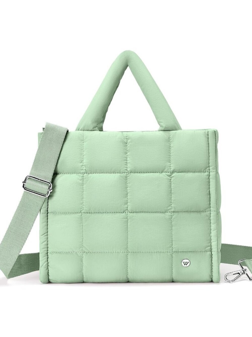 Women's Green Quilted Zipper Tote Bag Puffy Weekender Overnight Nylon Shoulder